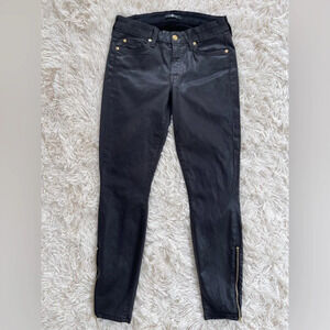 7 for all mankind cropped shimmering skinny jeans gold zip on the hem black 27